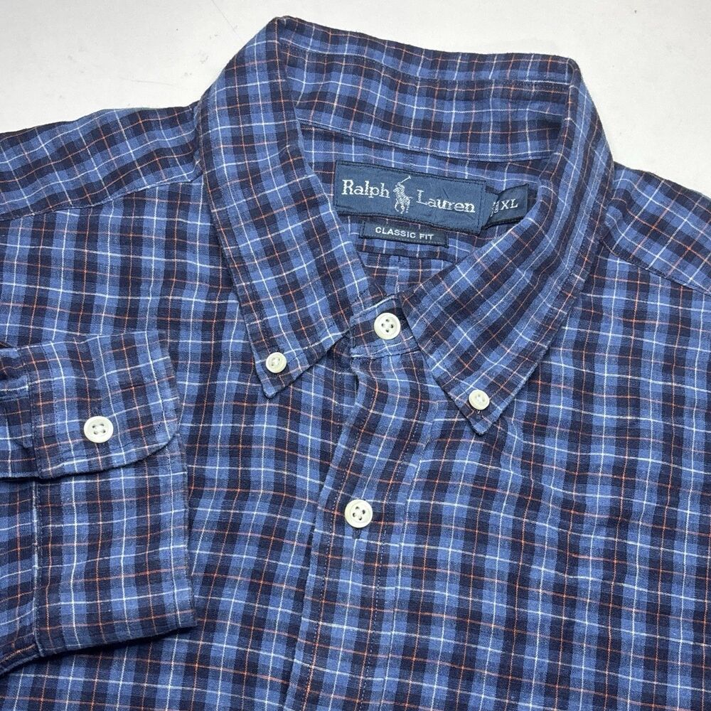 Polo Ralph Lauren Classic Fit Linen Blend Men's Xl‎ Blue Plaid Long Sleeve Shirt